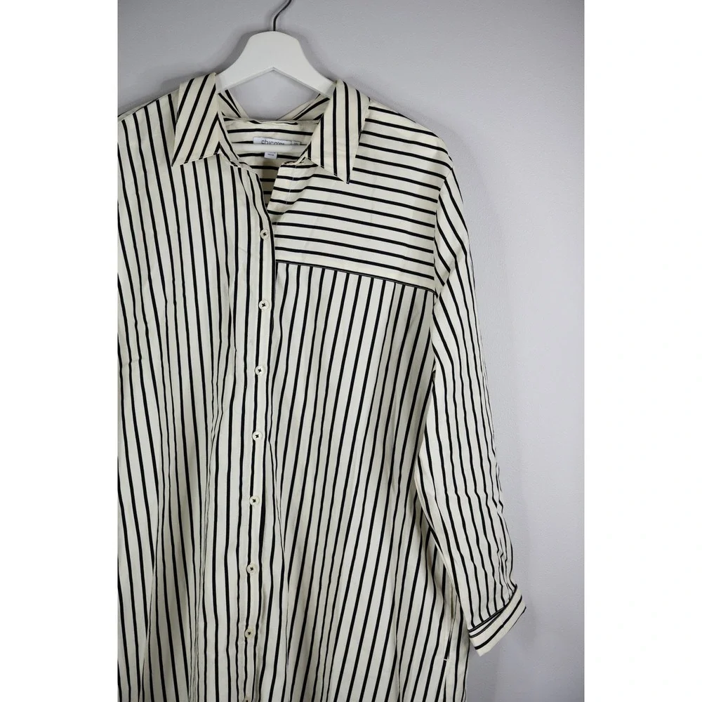 Chico's Shirt Dress Womens 3.5 (US 18) Ivory Black Stripe Excellent Cotton Maxi - Picture 3 of 7